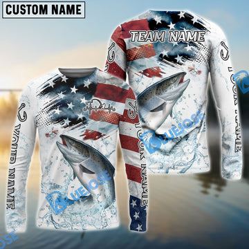 Bluejose Chinook Salmon Fishing Patriotic Water Splash Theme Custom Name & Team Name 3D Shirts