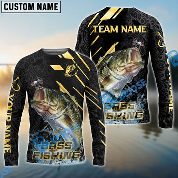 Bluejose Bass Fishing Gold Black Pattern Design Name & Team Name 3D Shirts