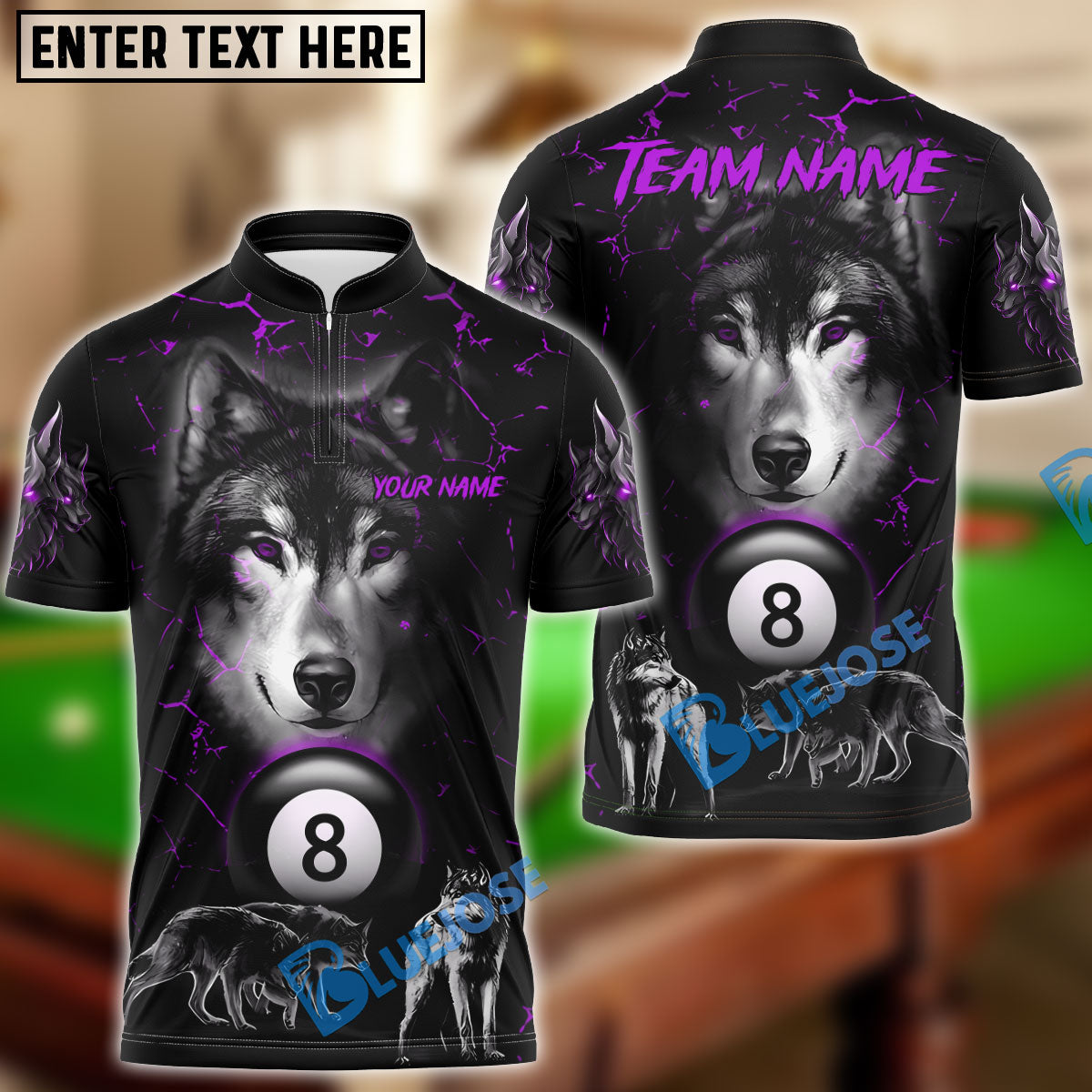 BlueJose Billiards Wolf Pack Personalized Name & Team Name Shirt (4 Colors)