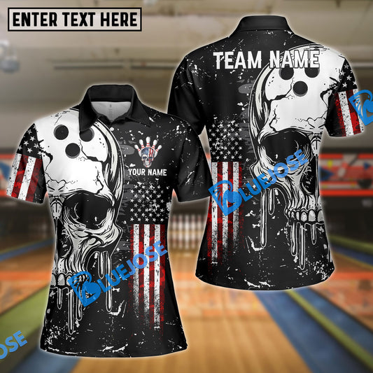 BlueJoses Bowling And Pins American Flag Skull Customized Name, Team Name 3D Shirt