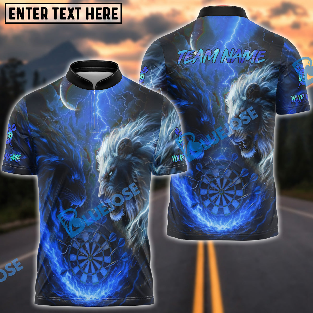 BlueJose Darts Lion Fire vs Ice Design Personalized Name, Team Name Unisex Shirt (4 Colors)