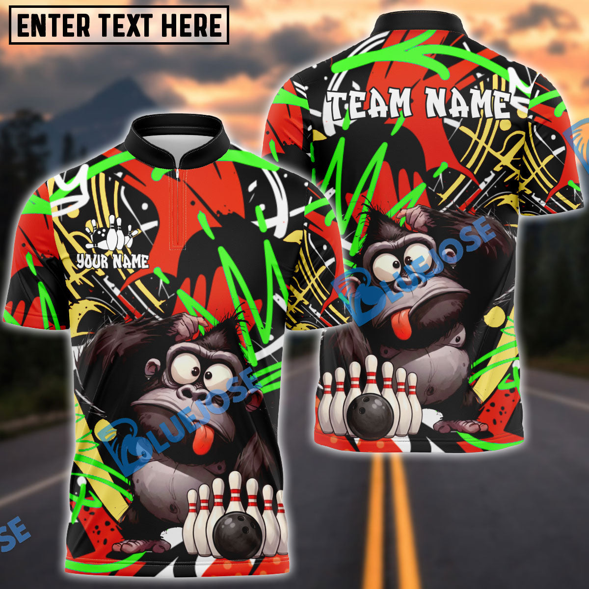 BlueJose Bowling & Pins Funny Gorilla Character Graffiti Splash Customized Name, Team Name 3D Shirt (4 Colors)
