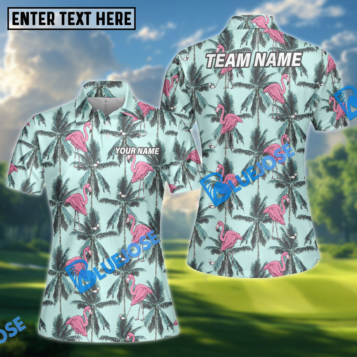 BlueJose Tropical Flamingo Golf Women‚Äôs Polo Shirt, Custom Name & Team Name 3D Shirt