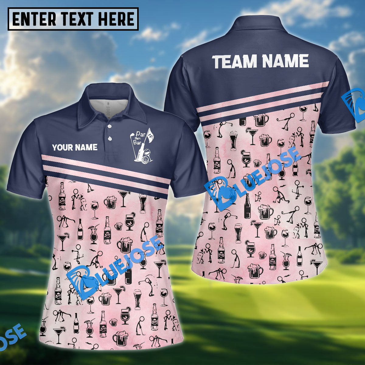 BlueJose Funny Bar &amp; Golf Women‚Äôs Polo Shirt, Custom Name &amp; Team Name 3D Shirt