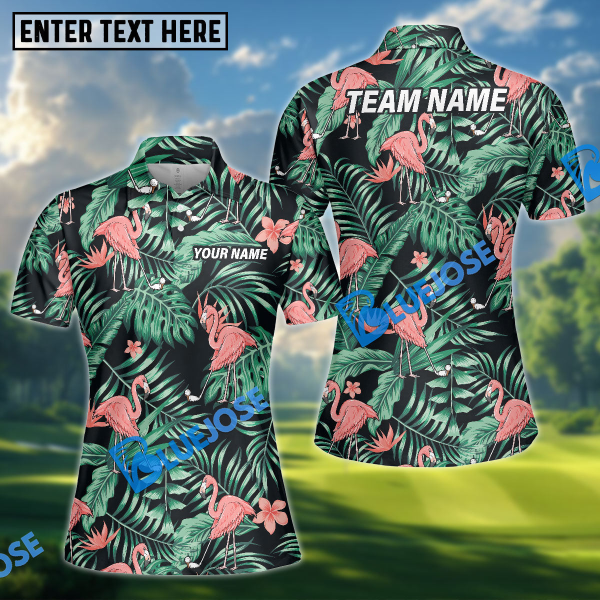 BlueJose Tropical Jungle Flamingo Women‚Äôs Golf Shirt, Custom Name & Team Name 3D Shirt