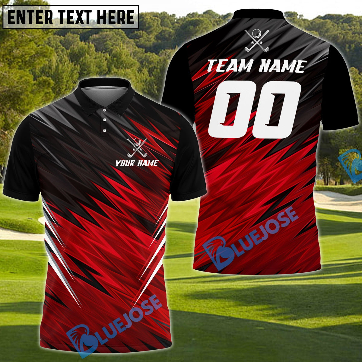 BlueJose Golf Red &amp; Black Lightning Personalized Name 3D Shirt