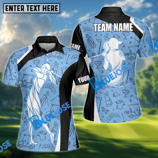 BlueJose Women’s Line Art Golf Polo Shirt, Ladies Golf Polo Shirt Personalized Name, Team Name 3D Shirt (4 Colors)