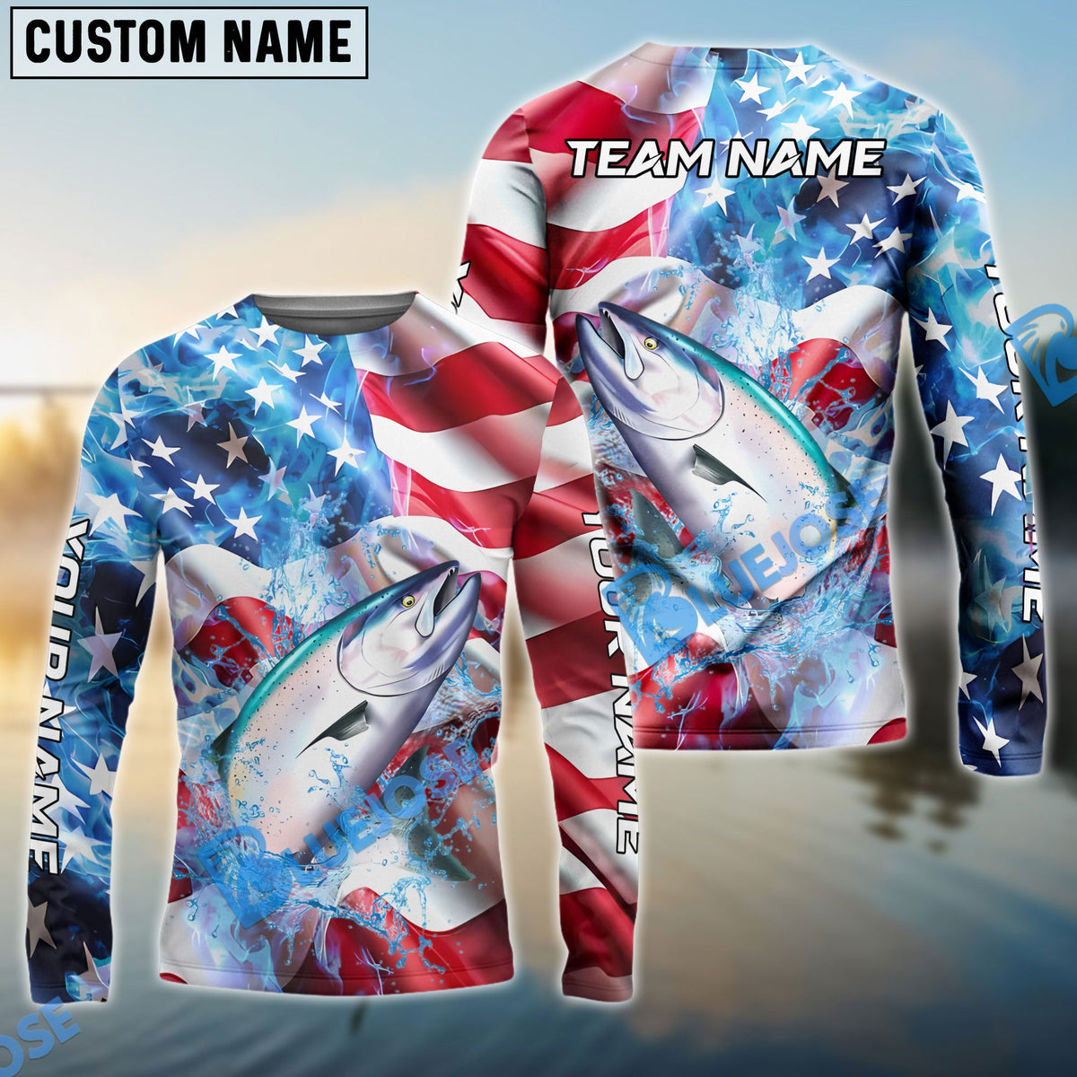 Bluejose Salmon Fishing American Flag Patriot Catch Design Name &amp; Team Name 3D Shirts