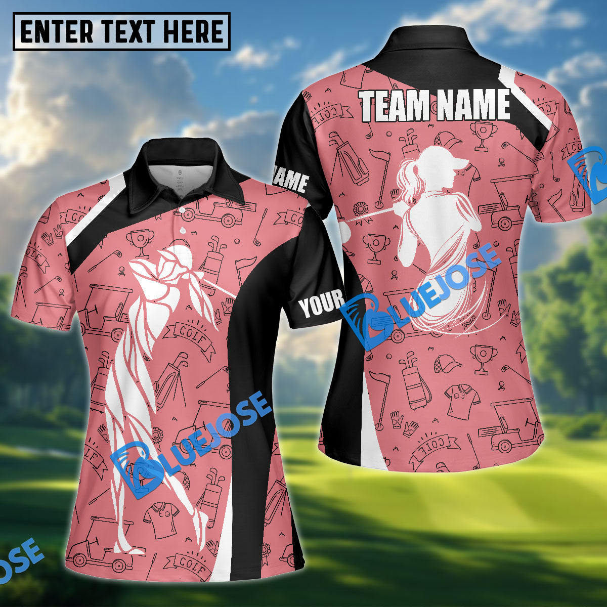 BlueJose Women‚Äôs Line Art Golf Polo Shirt, Ladies Golf Polo Shirt Personalized Name, Team Name 3D Shirt (4 Colors)