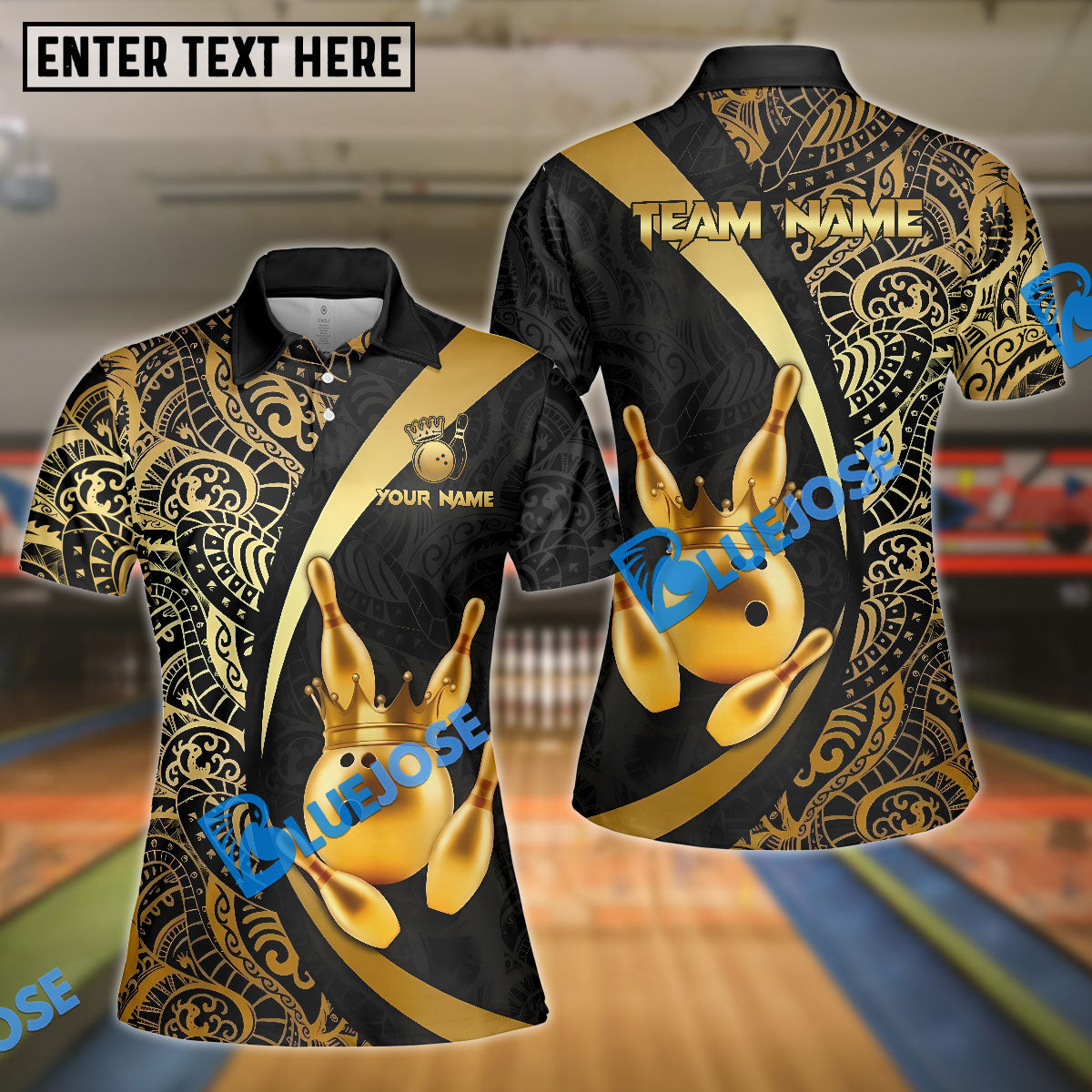 BlueJose Bowling & Pins Royal Crown Luxury Black Gold Customized Name, Team Name 3D Shirt (6 Colors)