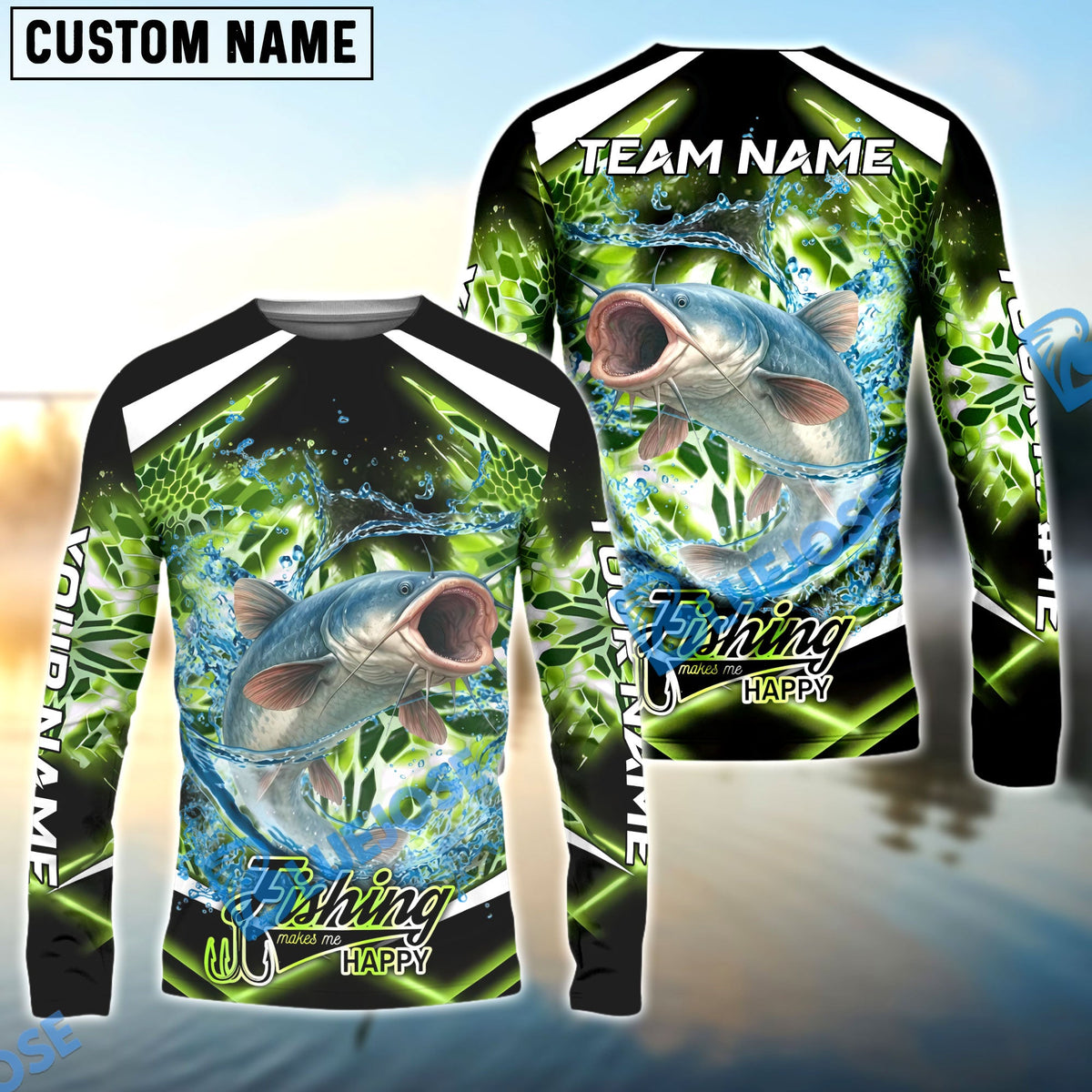 Bluejose Catfish Fishing Green Happy Hook Design Name &amp; Team Name 3D Shirts