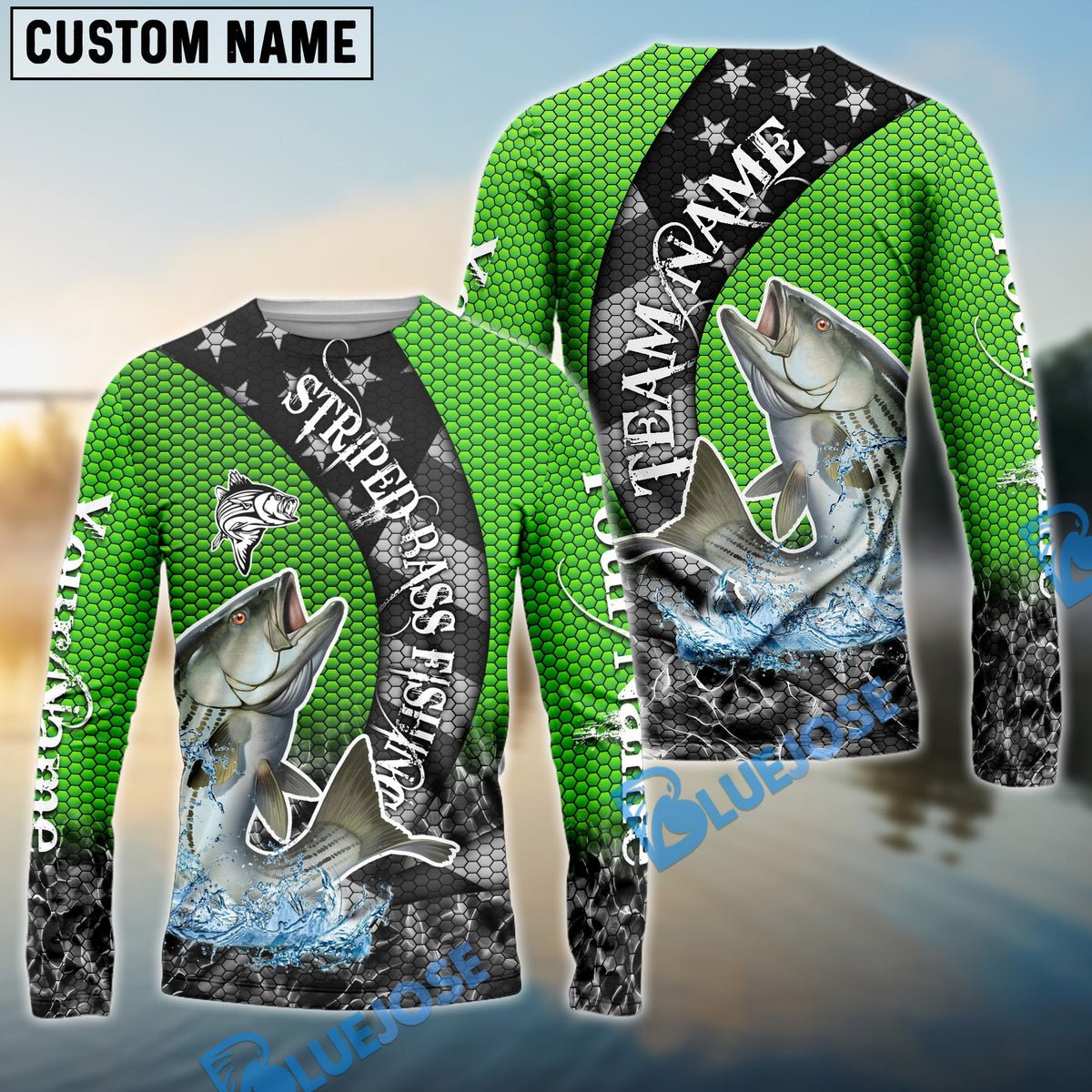 Bluejose Striped Bass Fishing American Flag Green Stars Custom Name &amp; Team Name 3D Shirts