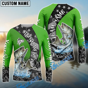 Bluejose Striped Bass Fishing American Flag Green Stars Custom Name & Team Name 3D Shirts