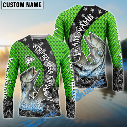 Bluejose Striped Bass Fishing American Flag Green Stars Custom Name & Team Name 3D Shirts