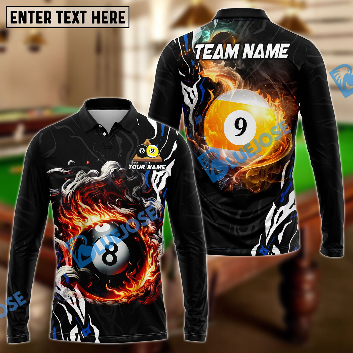 BlueJose Billiards 8 Ball & 9 Ball Smoke Flame Personalized Name Shirt (4 Colors)