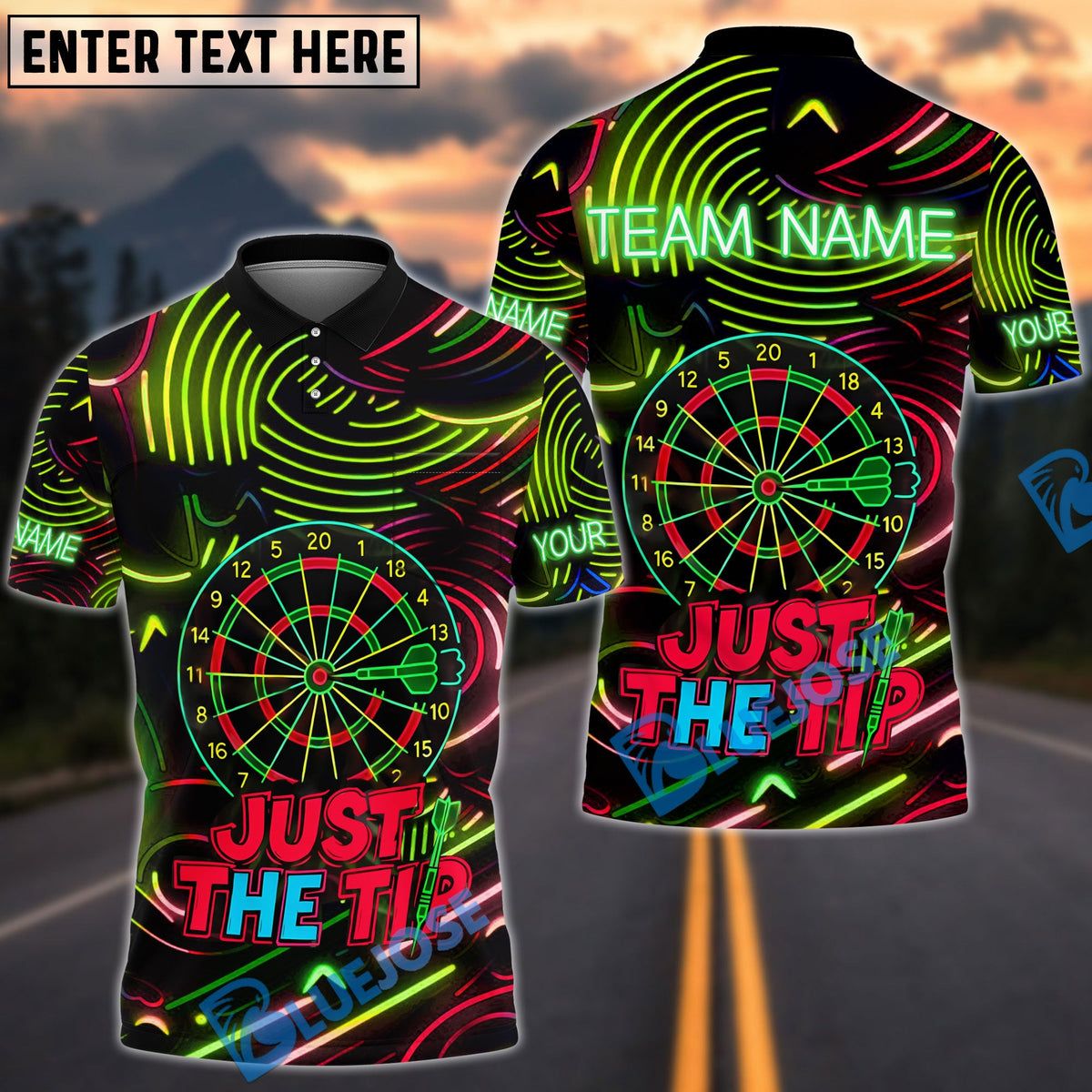 BlueJose Just the Tip Funny Darts Neon Style Personalized Name, Team Name Shirt