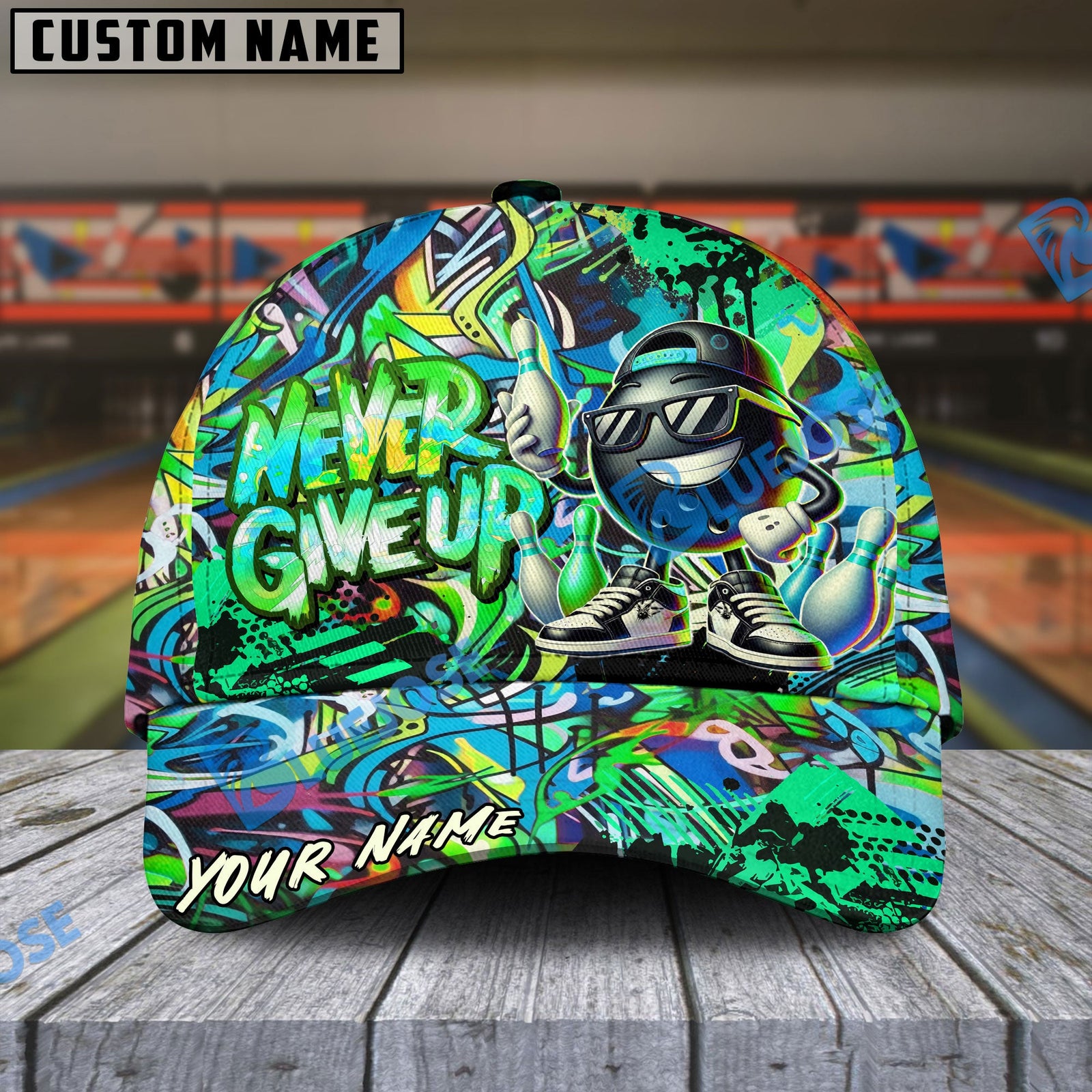 BlueJoses Bowling And Pins Never Give Up Graffiti Pattern Personalized Name Cap
