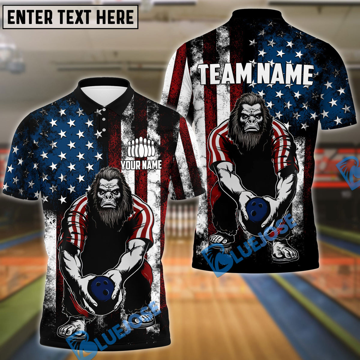 BlueJose Bowling And Pins American Flag Bigfoot Customized Name, Team Name 3D Shirt