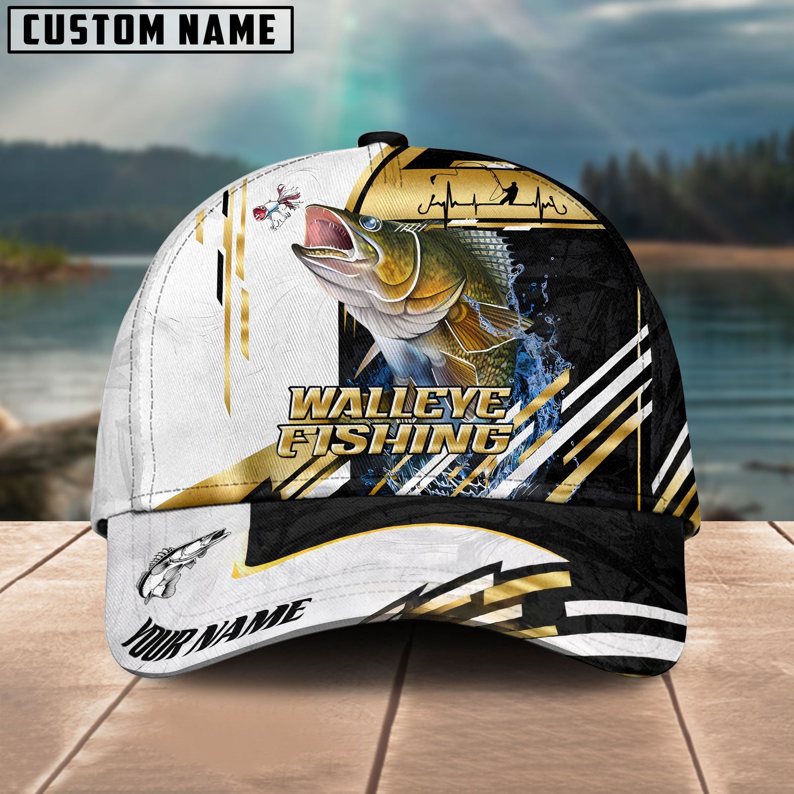 BlueJose Walleye Fishing Hook Graphic & Jumping Fish Art Personalized Cap