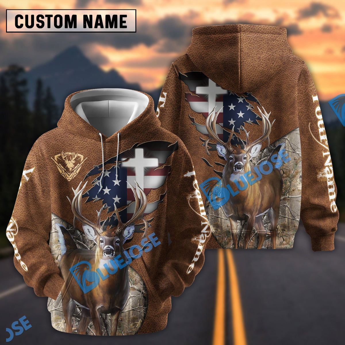 BlueJose Deer Hunting USA Flag Wild Personalized Name, Team Name 3D Hoodie