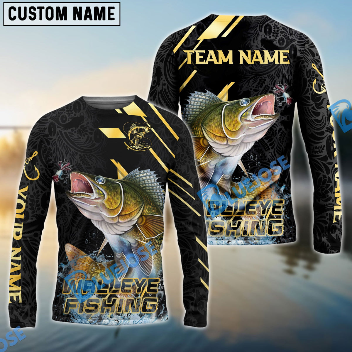 Bluejose Walleye Fishing Gold Black Pattern Design Name &amp; Team Name 3D Shirts