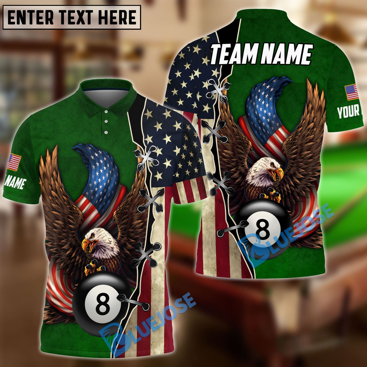 BlueJose Billiards 8 Ball American Eagle Flag Crack Personalized Name, Team Name Shirt (4 Colors)