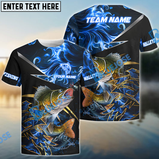 Bluejose Walleye Fishing Blue Flame Premium Golden & Silver Line Pattern Custom Name & Team Name 3D Shirts