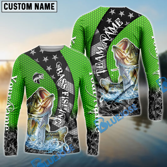 Bluejose Bass Fishing American Flag Green Stars Custom Name & Team Name 3D Shirts