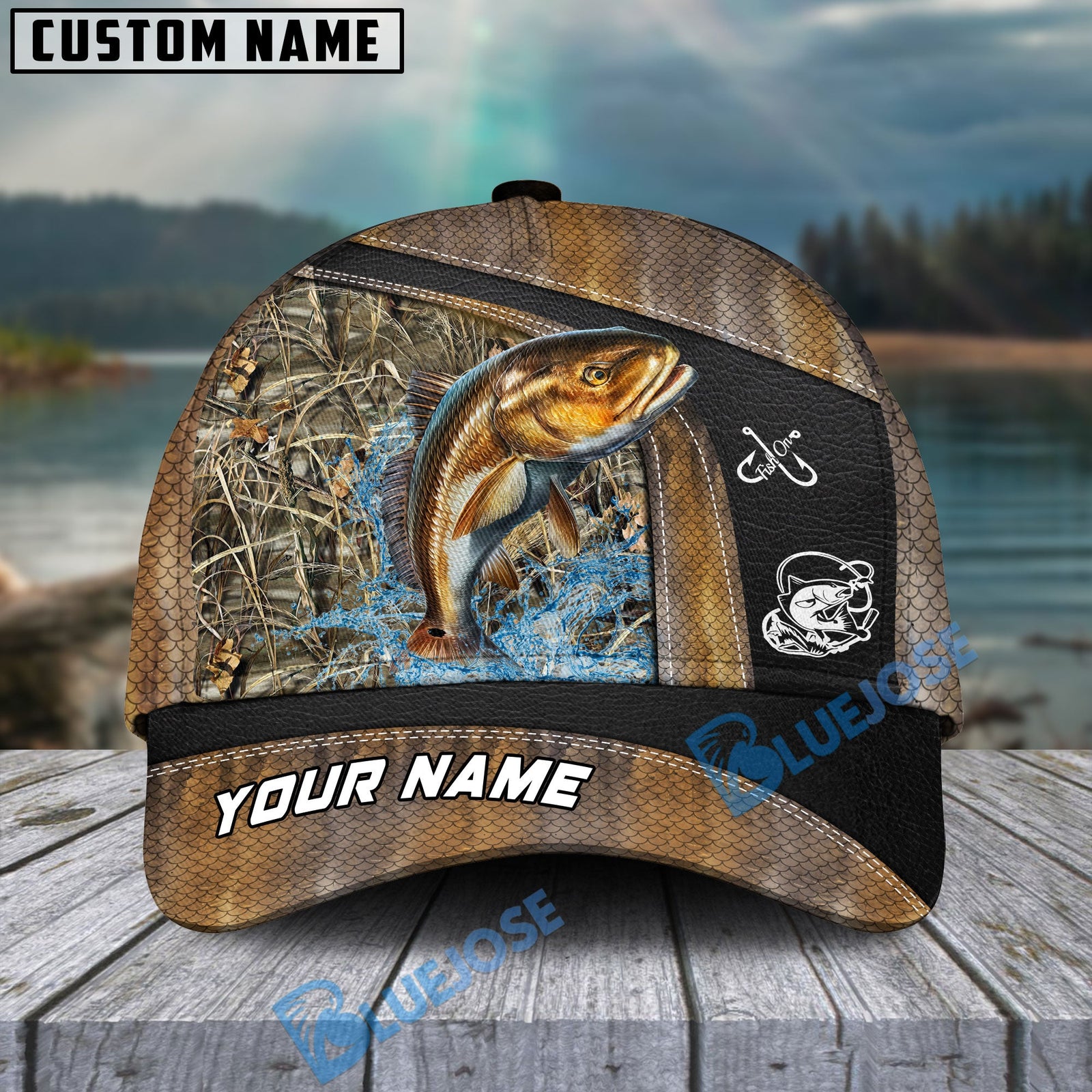 BlueJose Personalized Redfish Fishing Skin Bling Leather Pattern Classic 3D Cap