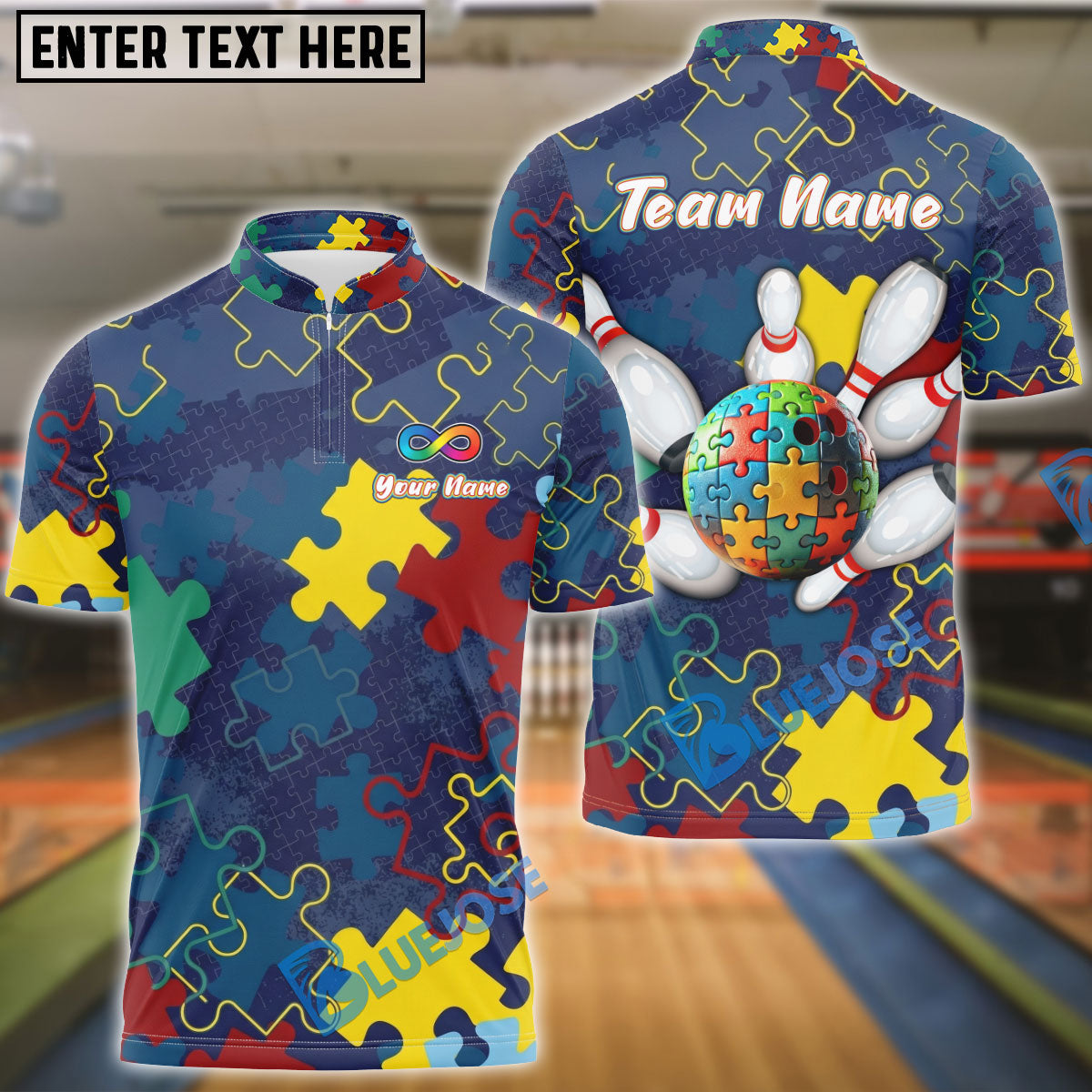 BlueJose Bowling Autism Awareness Puzzle Personalized Name, Team Name 3D Shirt