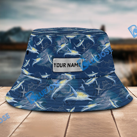 BlueJose Marlin Fish Pattern Custom Name Bucket Hat