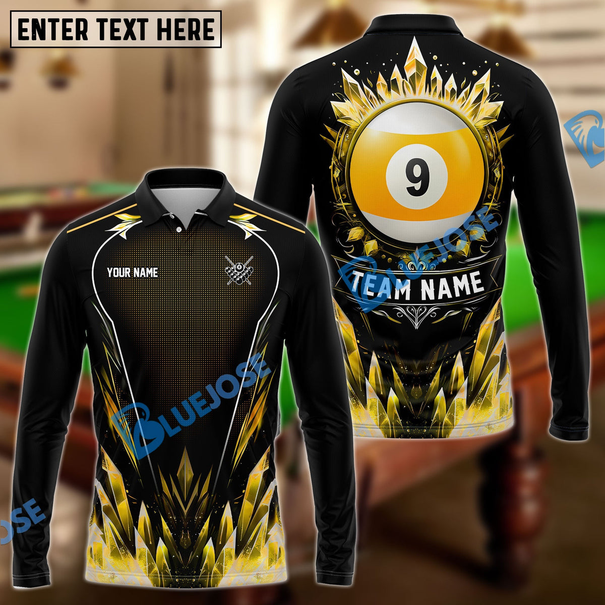 BlueJose Billiards 9-Ball Stone Personalized Name, Team Name Shirt