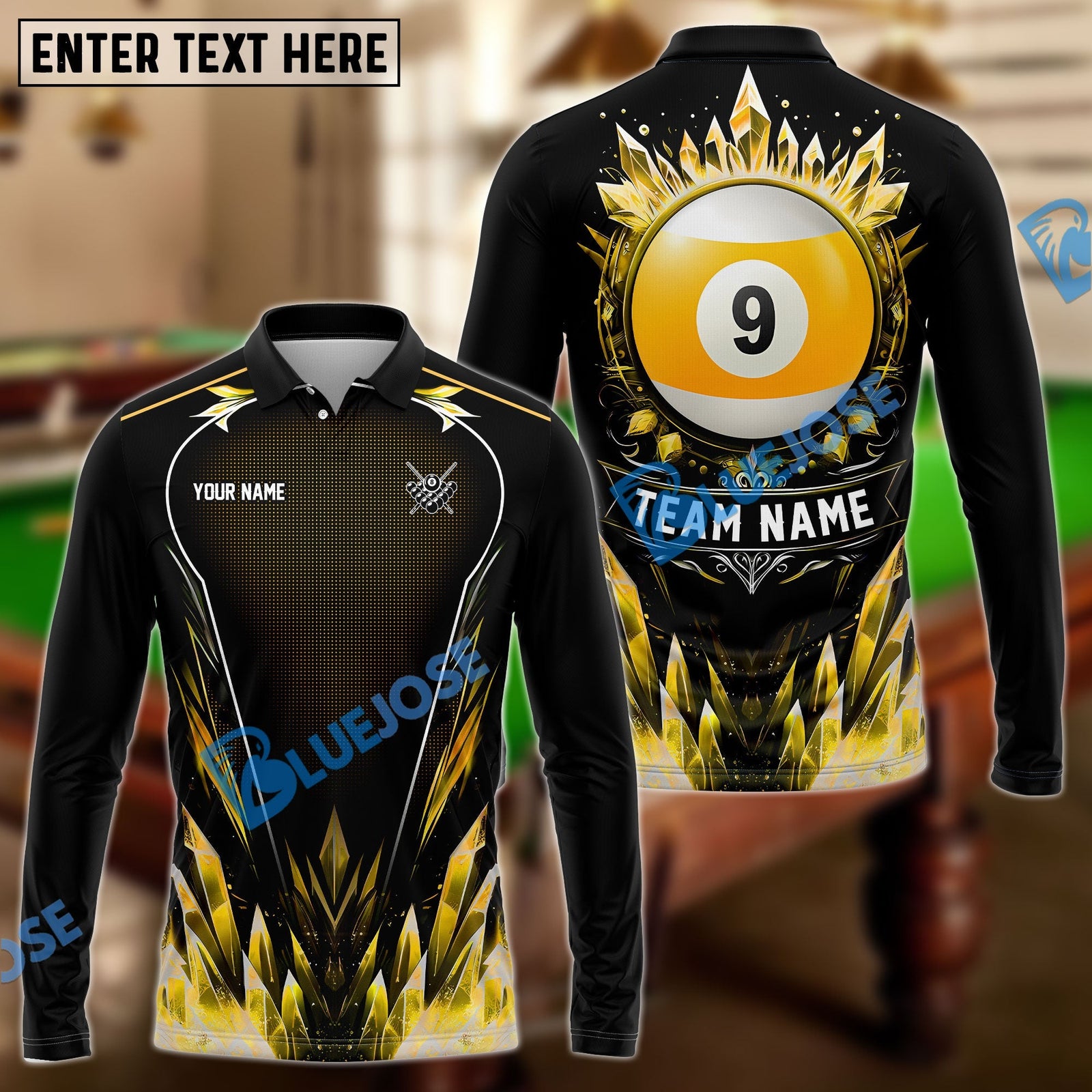 BlueJose Billiards 9-Ball Stone Personalized Name, Team Name Shirt