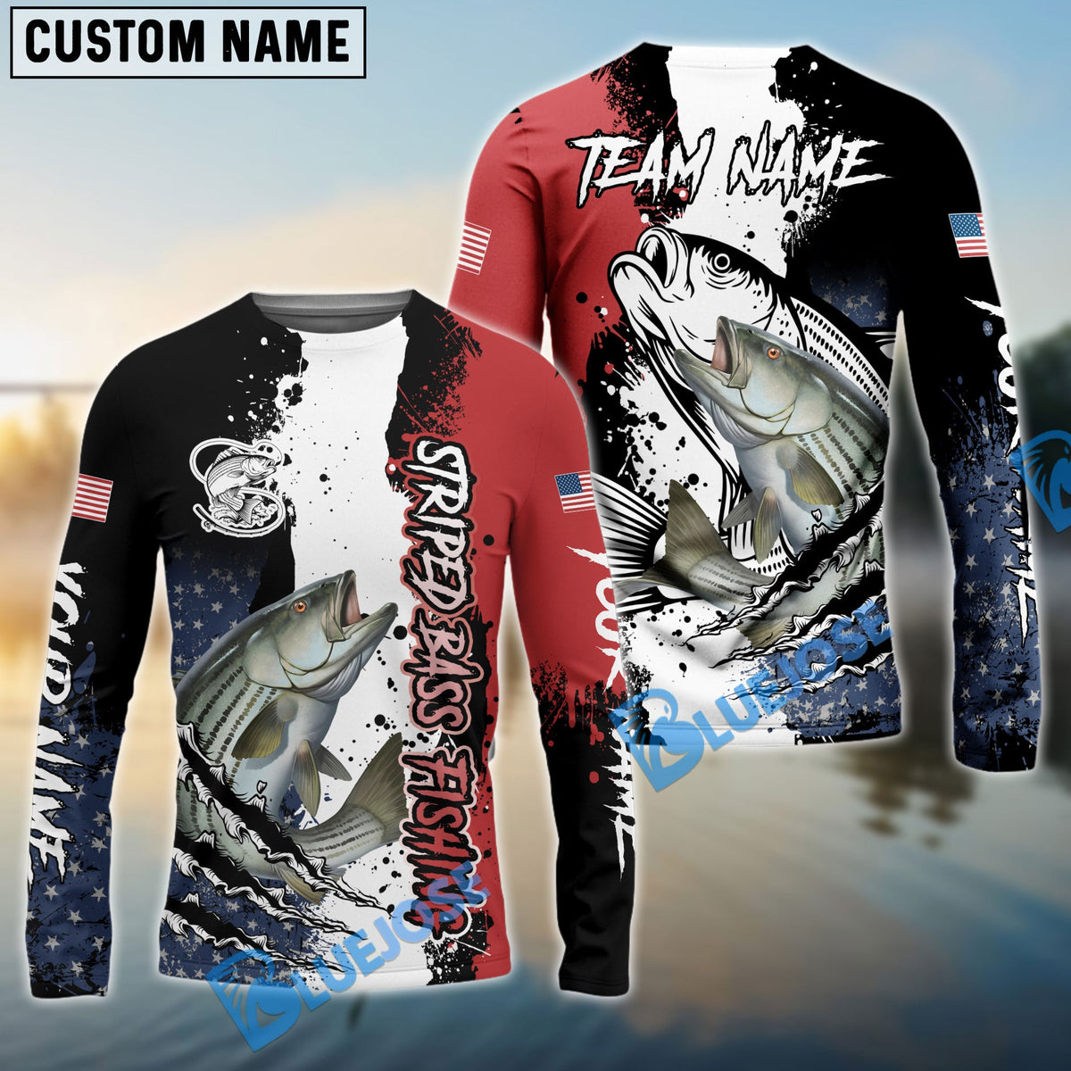 Bluejose Striped Bass Fishing Paint Scratch American Flag scratch Sport Custom Name &amp; Team Name 3D Shirts