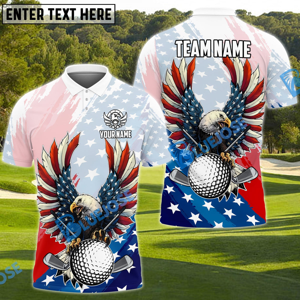 BlueJose Patriotic Golf Shirt with Eagle &amp; American Flag Customized Name, Team Name 3D Shirts