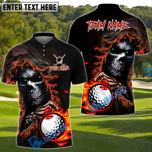 BlueJose Skull Reaper Golf With Flaming Golf Ball Customized Name, Team Name 3D Shirts (4 Colors)
