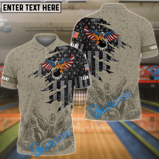 BlueJose Bowling Eagle Retro American Flag Pattern Customized Name, Team Name 3D Shirt