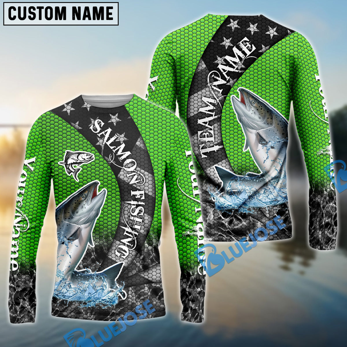 Bluejose Salmon Fishing American Flag Green Stars Custom Name &amp; Team Name 3D Shirts