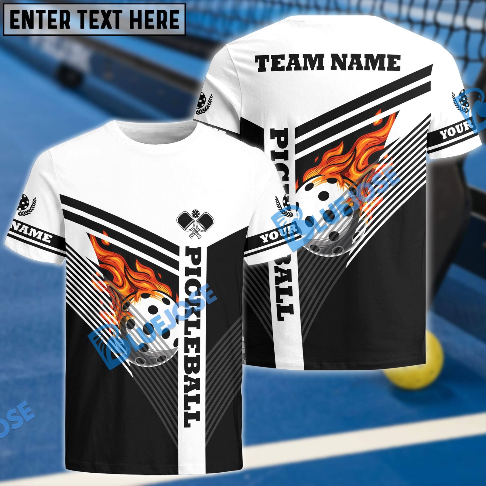 BlueJose Pickleball Fire Line Personalized Name, Team Name Unisex Shirt (4 Colors)
