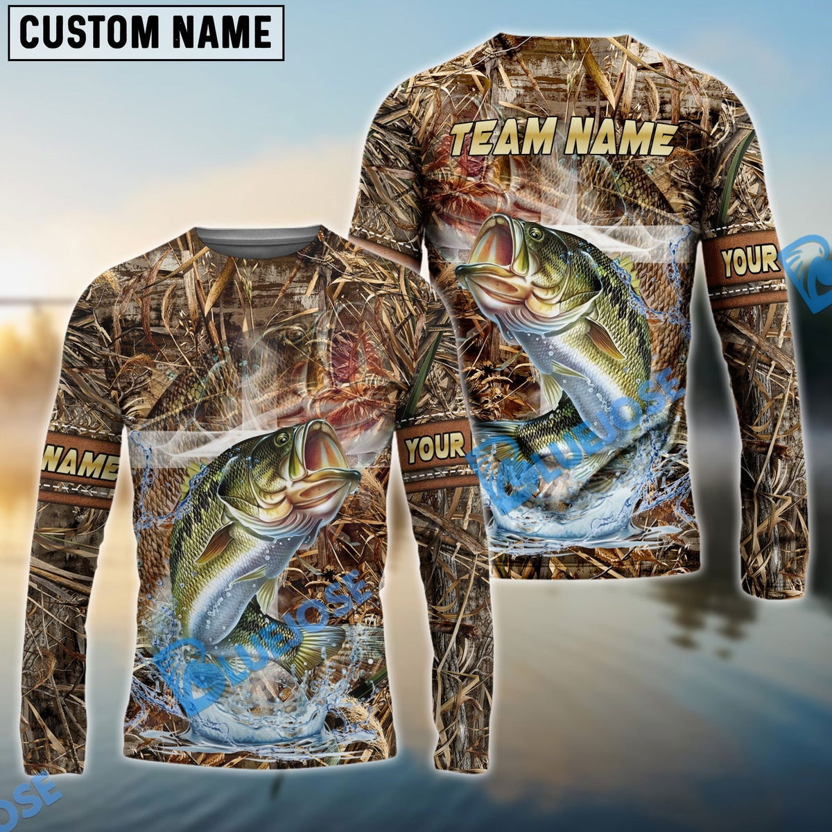 Bluejose Bass Fishing Camo Cross Custom Name &amp; Team Name 3D Shirts