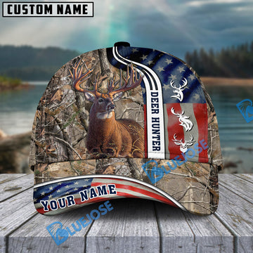 BlueJose Deer Huntaholic American Hunting Camo Pattern Multicolor Personalized Name 3D Cap (4 colors)