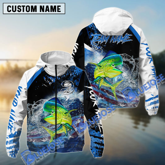 Bluejose Mahi Mahi Fishing American Flag Blue Seawave Custom Name & Team Name 3D Shirts