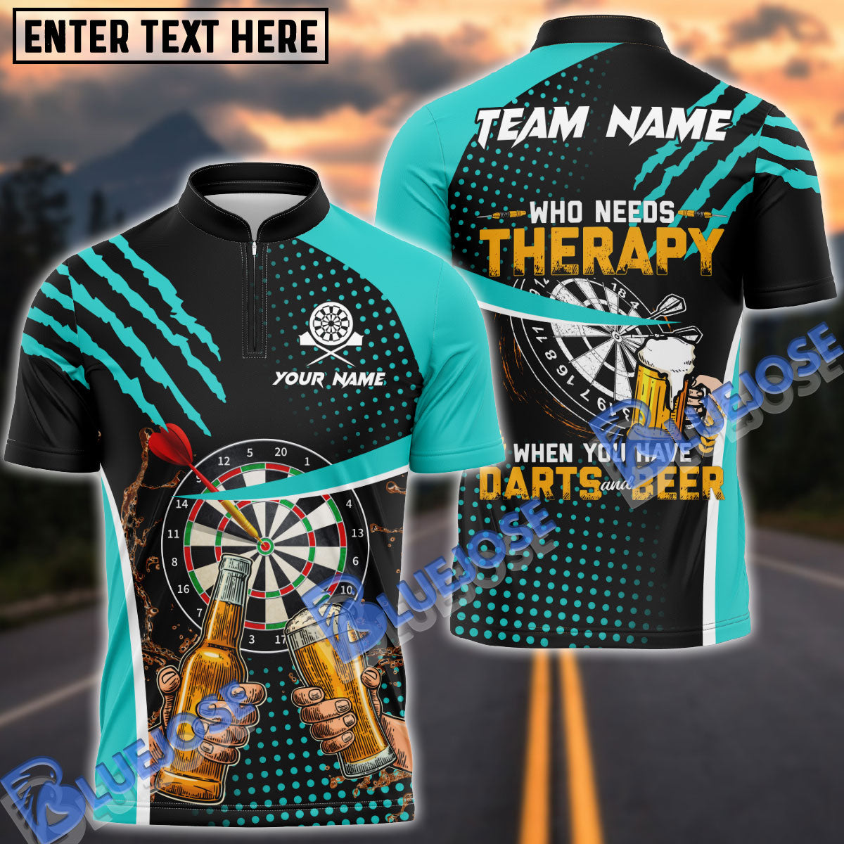 BlueJose Darts And Beer Therapy Personalized Name, Team Name Shirt (4 Colors)