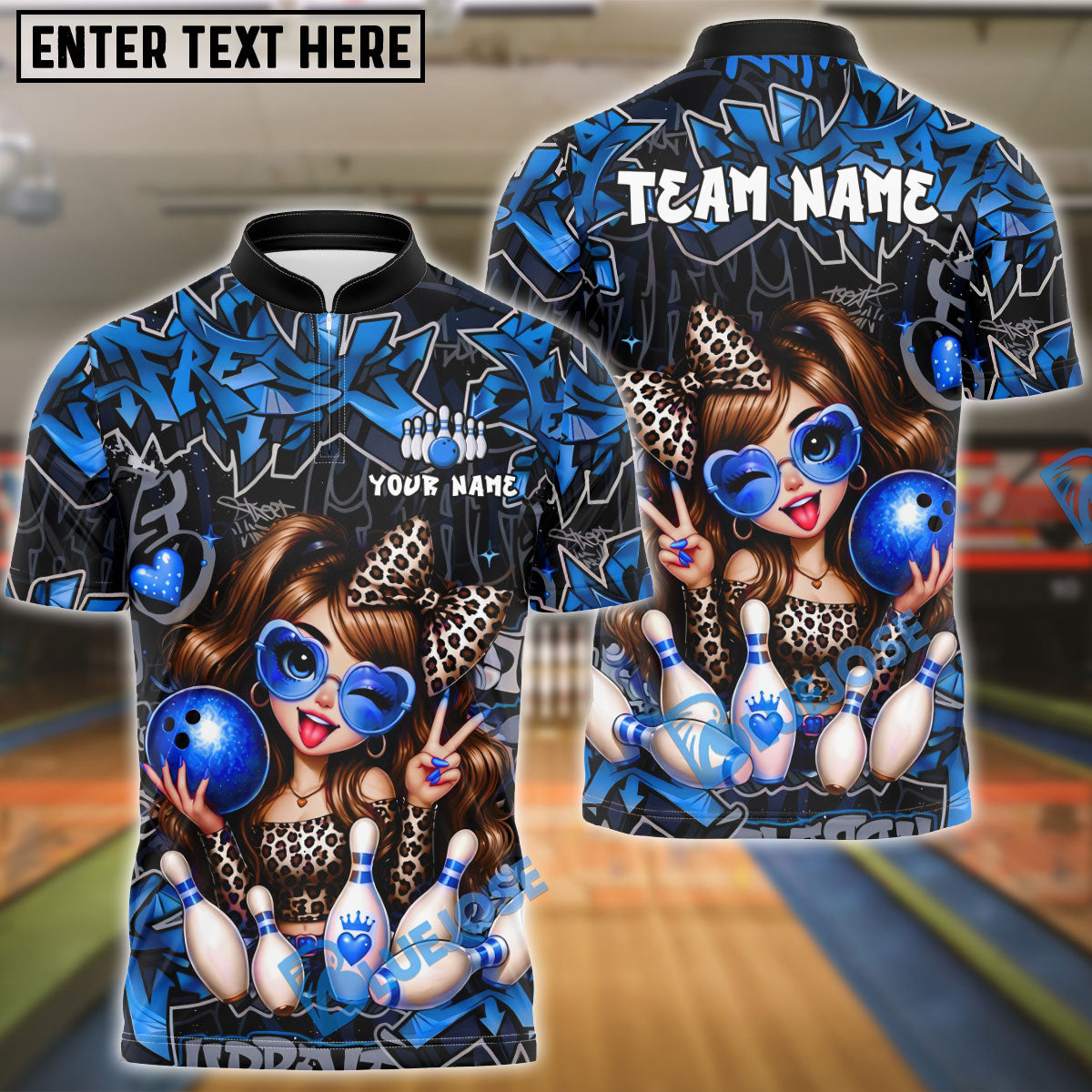 BlueJose Bowling And Pins Cute Leopard Girl Strike Graffiti Style Customized Name, Team Name 3D Shirt (6 Colors)