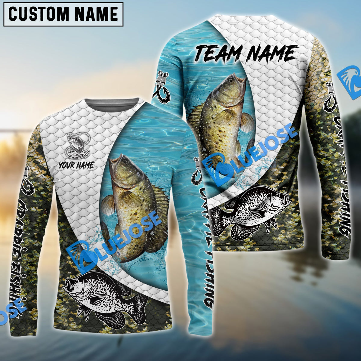 Bluejose Crappie Fishing White Skin Diagonal Custom Name &amp; Team Name 3D Shirts