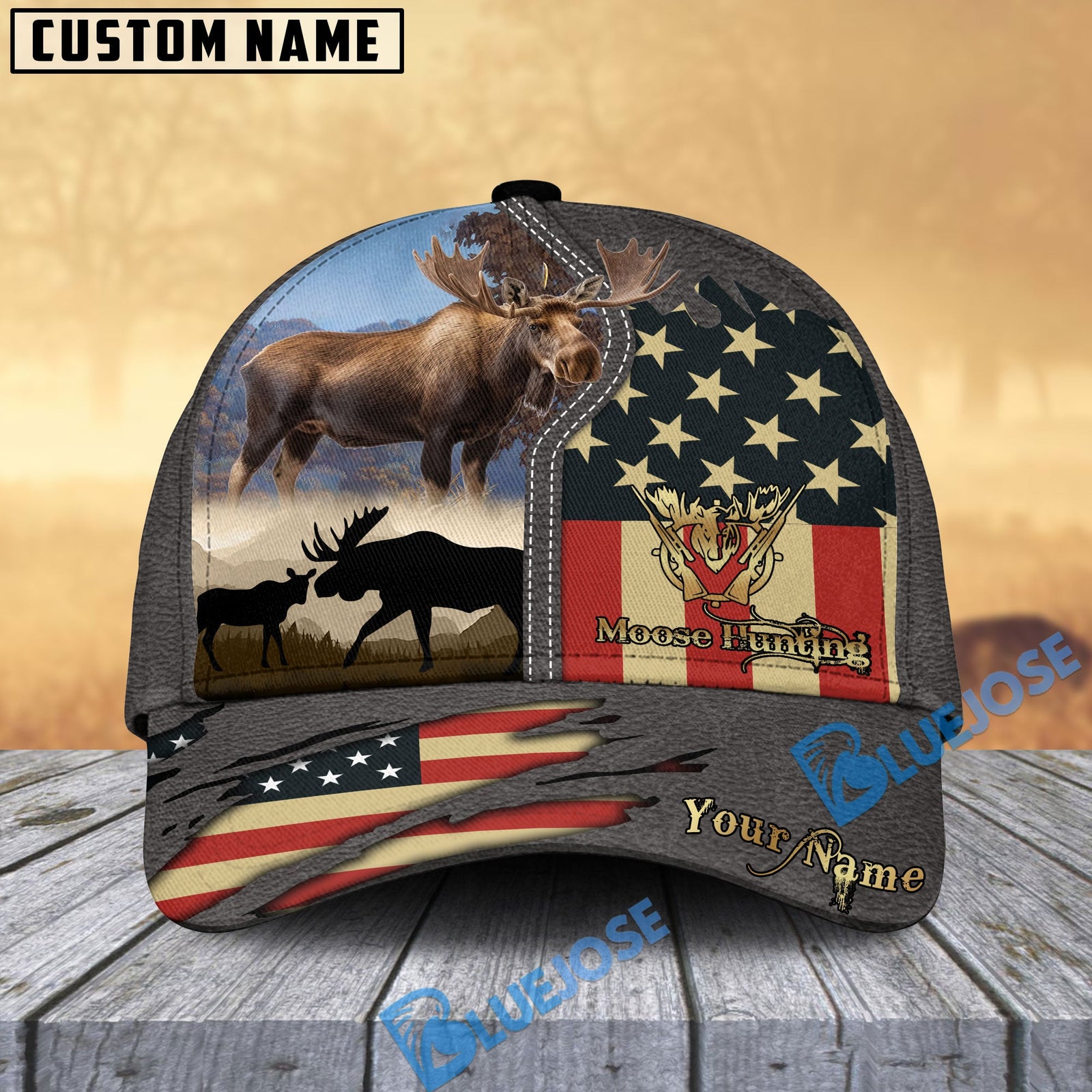 BlueJose Moose Hunting Leather Gray Leather Personalized Cap ( 2 Colors )