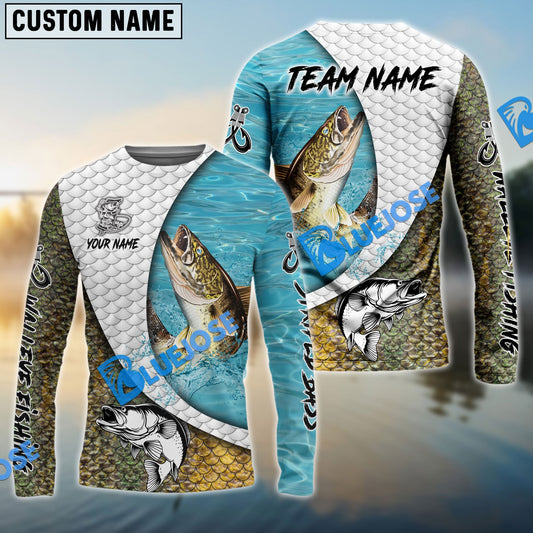 Bluejose Walleye Fishing White Skin Diagonal Custom Name & Team Name 3D Shirts