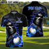 BlueJose Skull Reaper Golf With Flaming Golf Ball Customized Name, Team Name 3D Shirts (4 Colors)