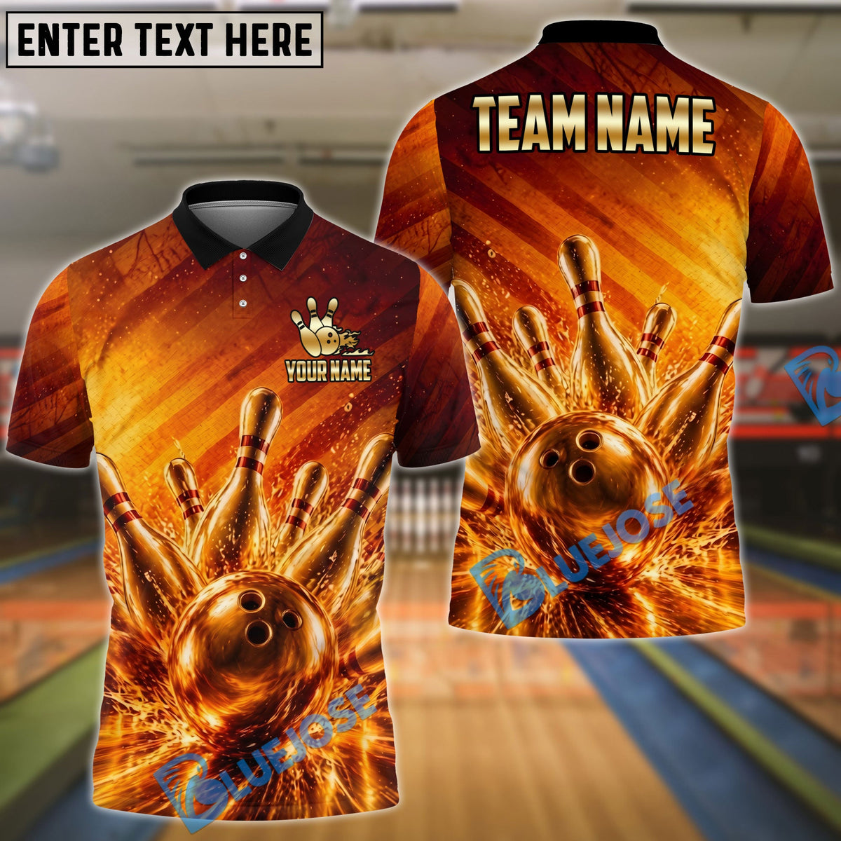 BlueJose Bowling Golden Strike Ball &amp; Pins Explosion Customized Name, Team Name 3D Shirt (6 Colors)