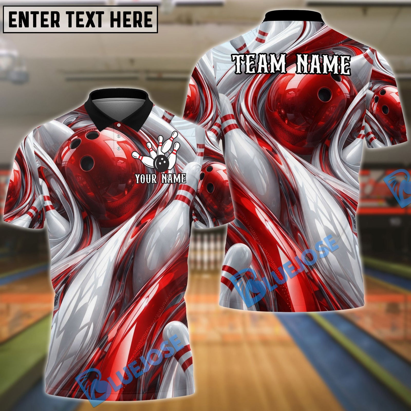 BlueJose Bowling And Pins Abstract Fluid White Customized Name, Team Name 3D Shirt (4 Colors)